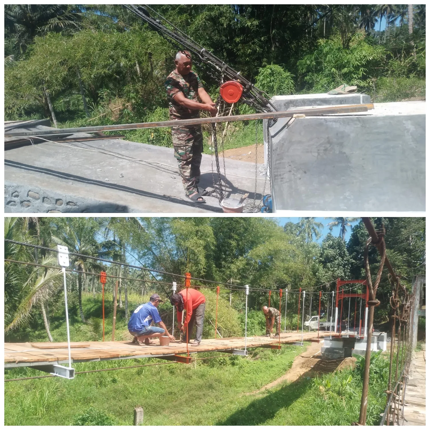 Babinsa Kodim 1302/Minahasa Terus Kawal Pembangunan Jembatan Perintis Garuda.