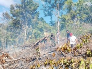 Jalan Rusak Bukan Halangan, Babinsa dan Warga Jinakkan Api di Perkebunan Kombi.