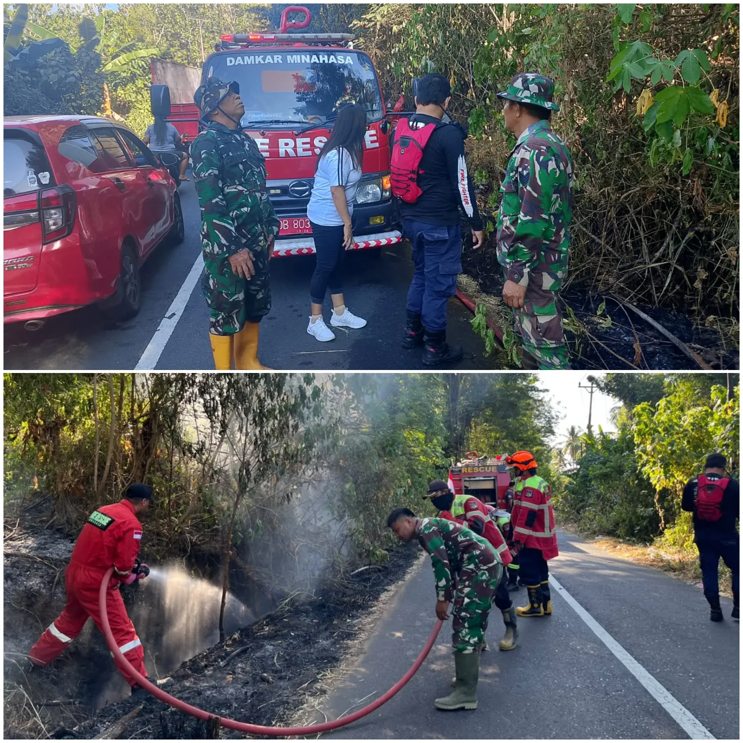Respons Cepat Koramil 1302-07/Tombariri Padamkan Kebakaran Bahu Jalan.