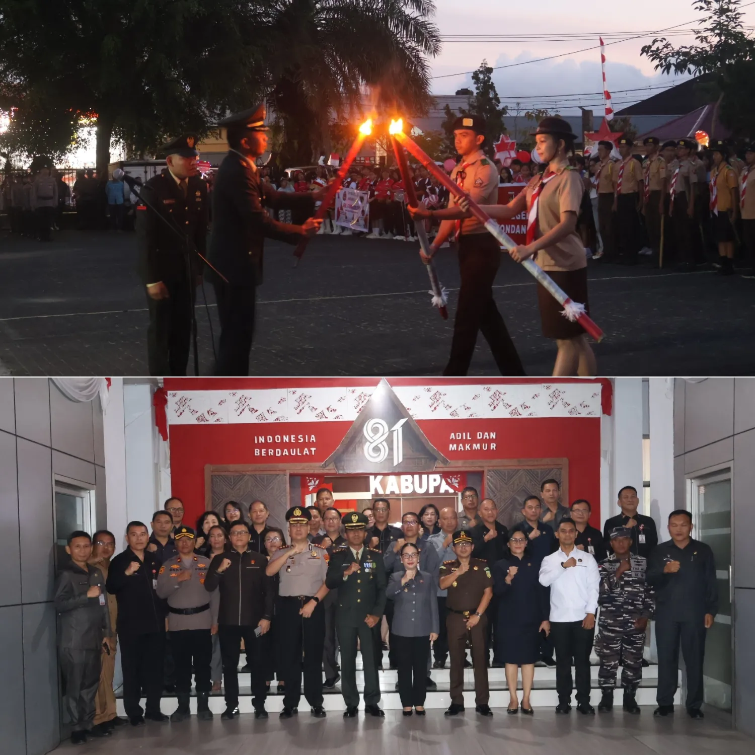 Dandim 1302/Minahasa Pimpin Taptu Dan Pawai Obor HUT Ke-81 Kemerdekaan RI.