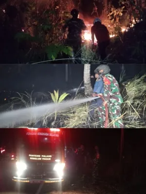 Babinsa, Damkar Dan Warga Padamkan Kebakaran Lahan Perkebunan.