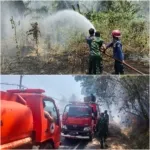 Babinsa Bersama Damkar dan Warga Padamkan Kebakaran Lahan Perkebunan.